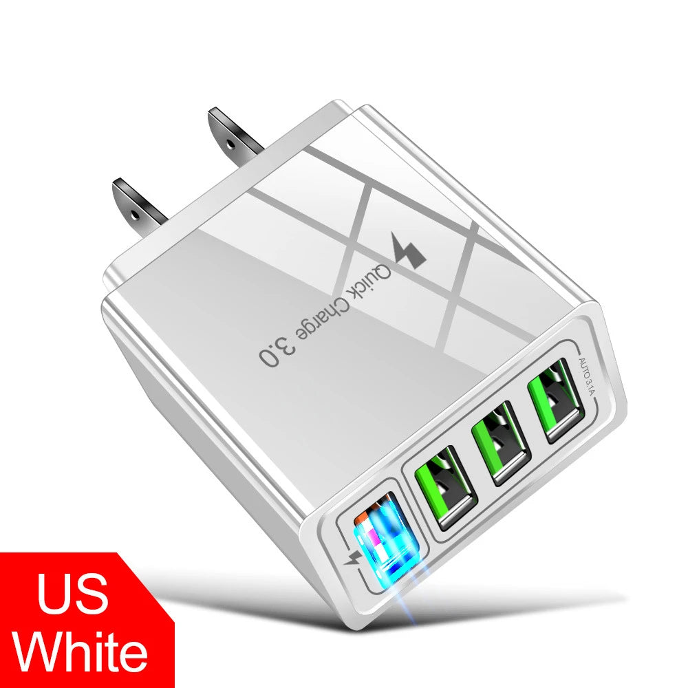 4 Output QC3.0 Multiple USB Charger for iPhone iPad Samsung LG Huawei Xiaomi Tablet Universal Fast Charging Wall Travel Charger