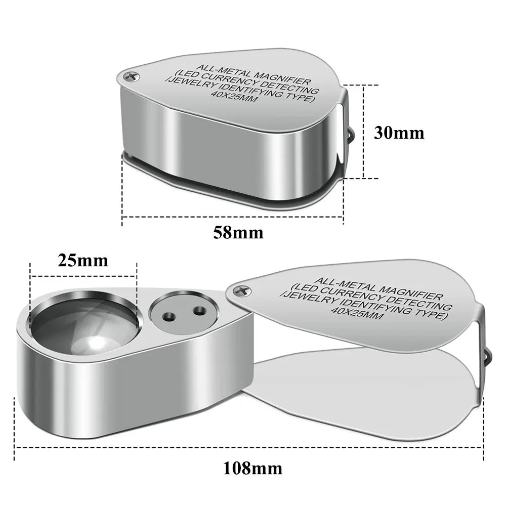 Loupe de bijoutier pliante de poche 40X, monture métallique avec éclairage LED et UV.