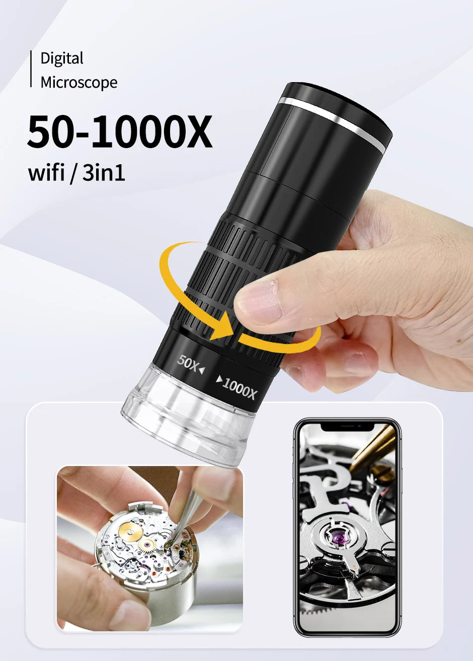 Microscope Numérique Portable Sans Fil avec Support Flexible - Grossissement 50x-1000x –  Compatible iPhone, Android et PC