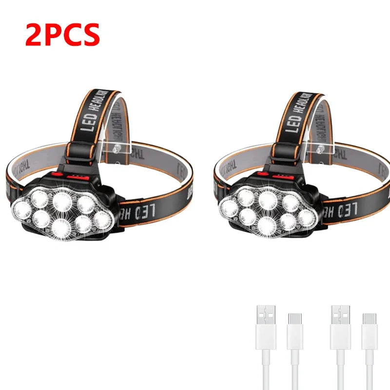 Lampe frontale 8 LED rechargeable par USB , ultra-lumineuse