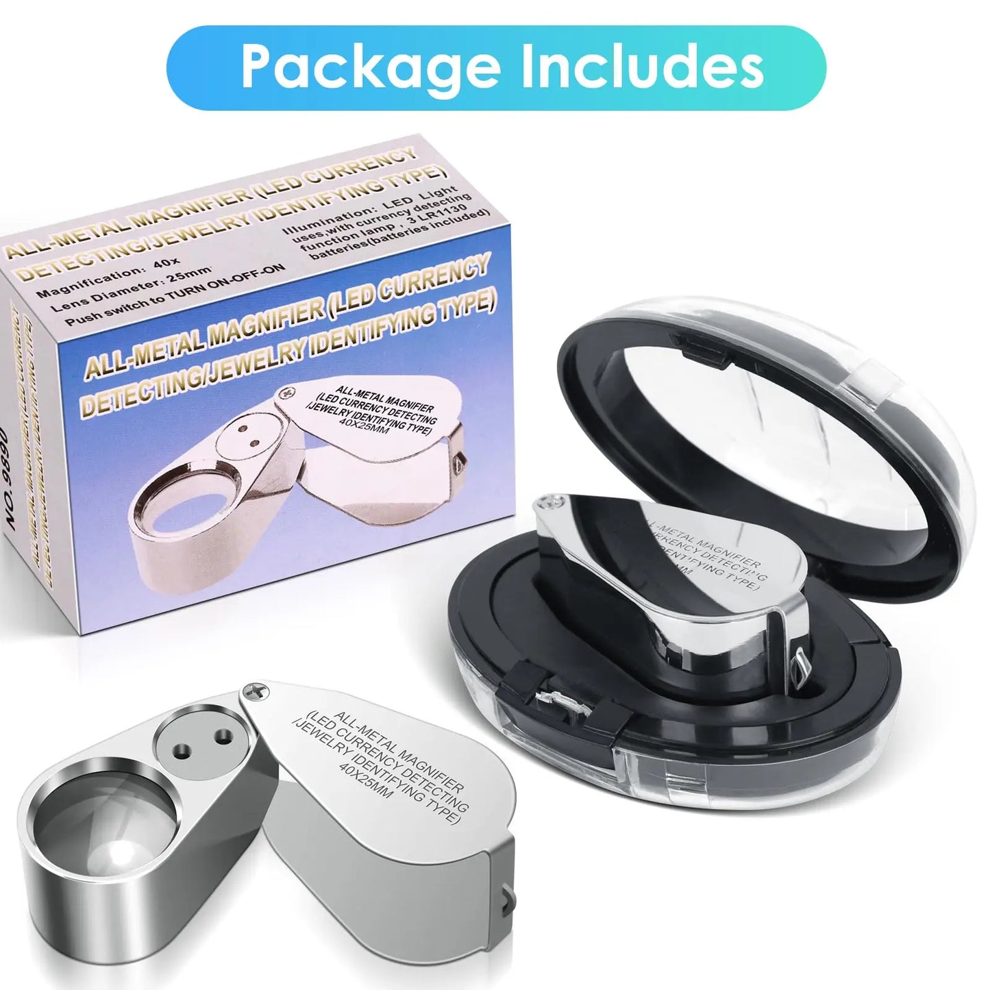 Loupe de bijoutier pliante de poche 40X, monture métallique avec éclairage LED et UV.