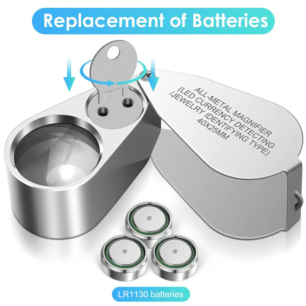 Loupe de bijoutier pliante de poche 40X, monture métallique avec éclairage LED et UV.