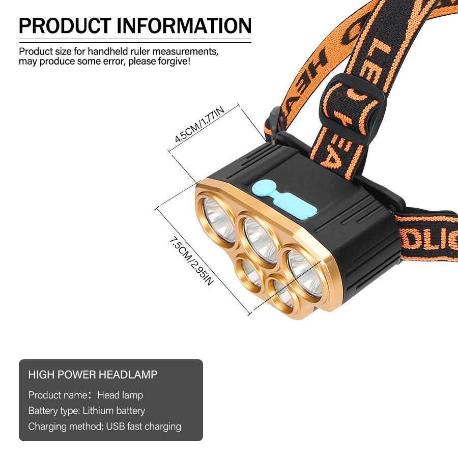 Lampe frontale 8 LED rechargeable par USB , ultra-lumineuse