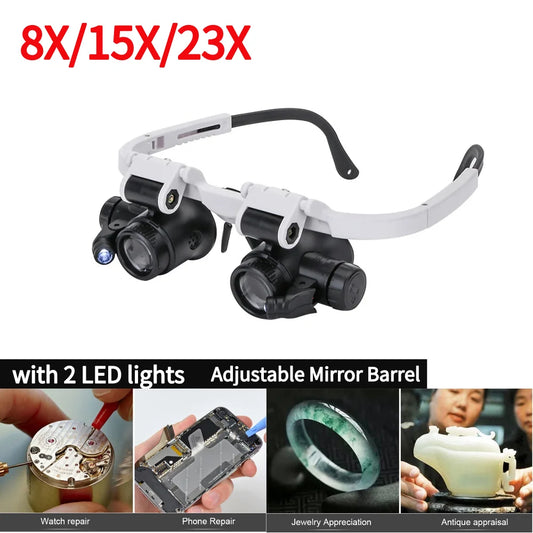 Lunettes-loupes télescopiques avec 2 LED – grossissement 8X, 15X, 23X pour réparation de montres, bijouterie et lecture.