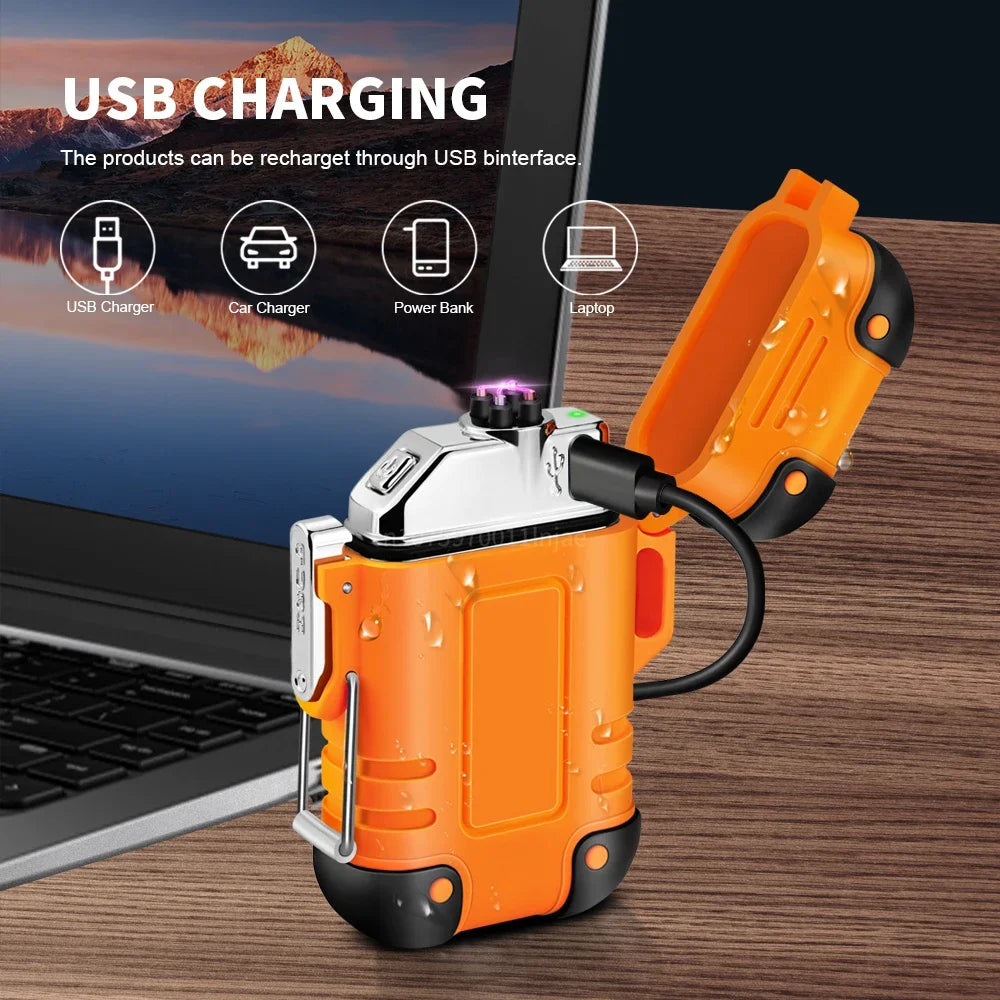 Briquet plasma sans flamme double arc étanche, rechargeable par USB, avec coupe-vent, pour l'extérieur.
