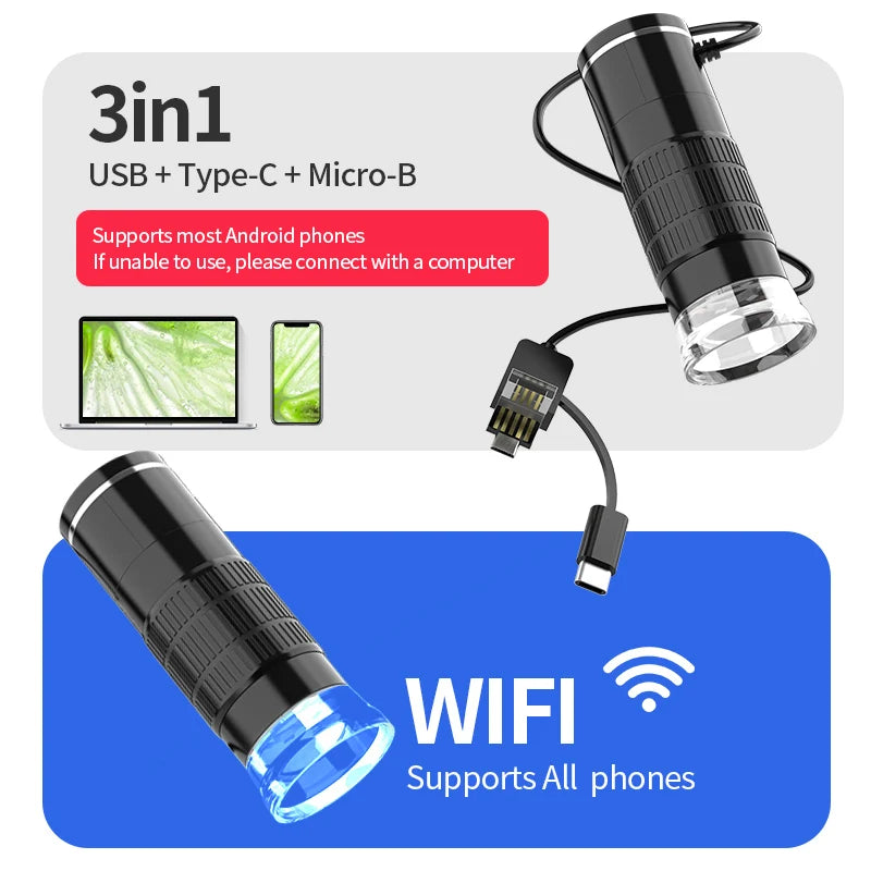 Microscope Numérique Portable Sans Fil avec Support Flexible - Grossissement 50x-1000x –  Compatible iPhone, Android et PC