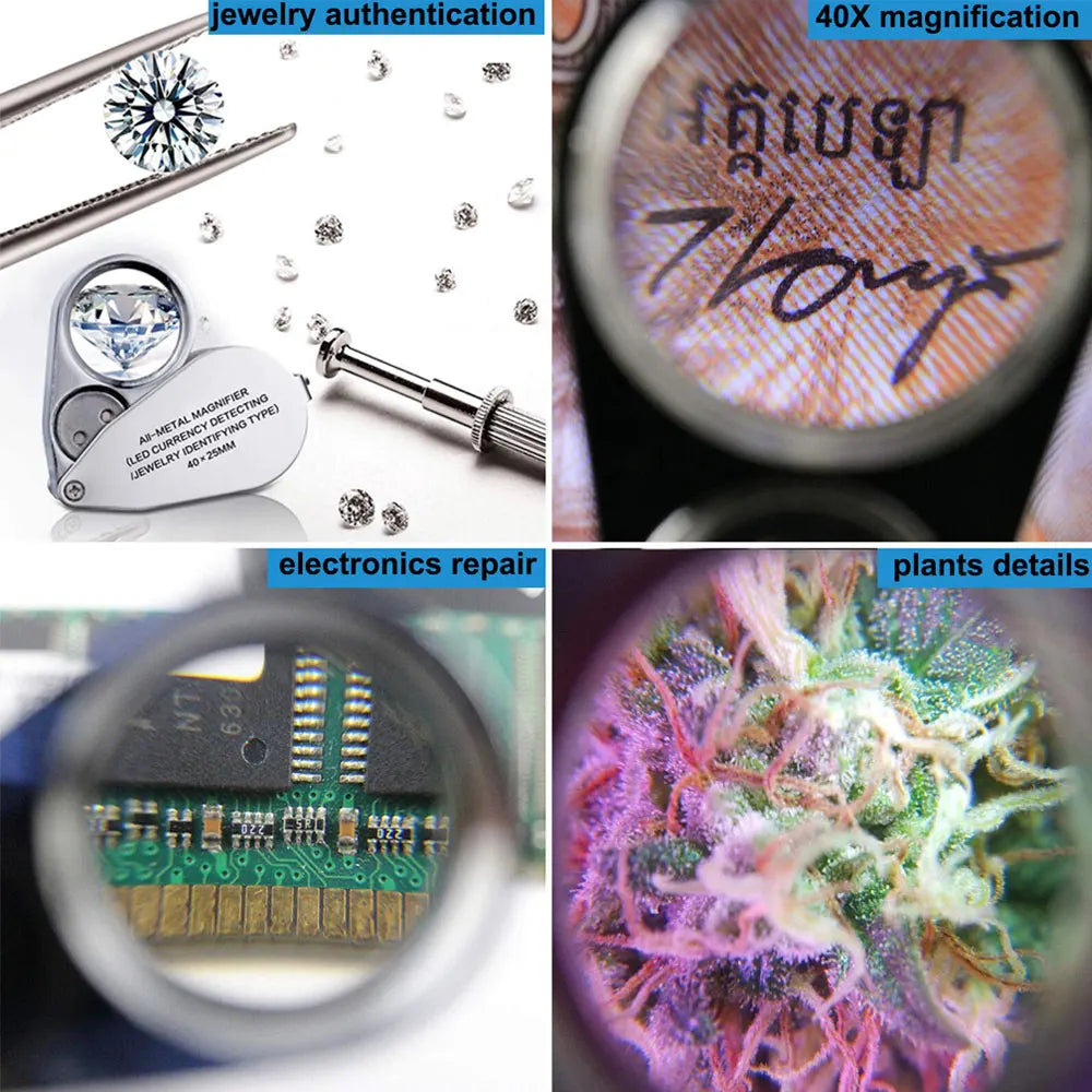 Loupe de bijoutier pliante de poche 40X, monture métallique avec éclairage LED et UV.