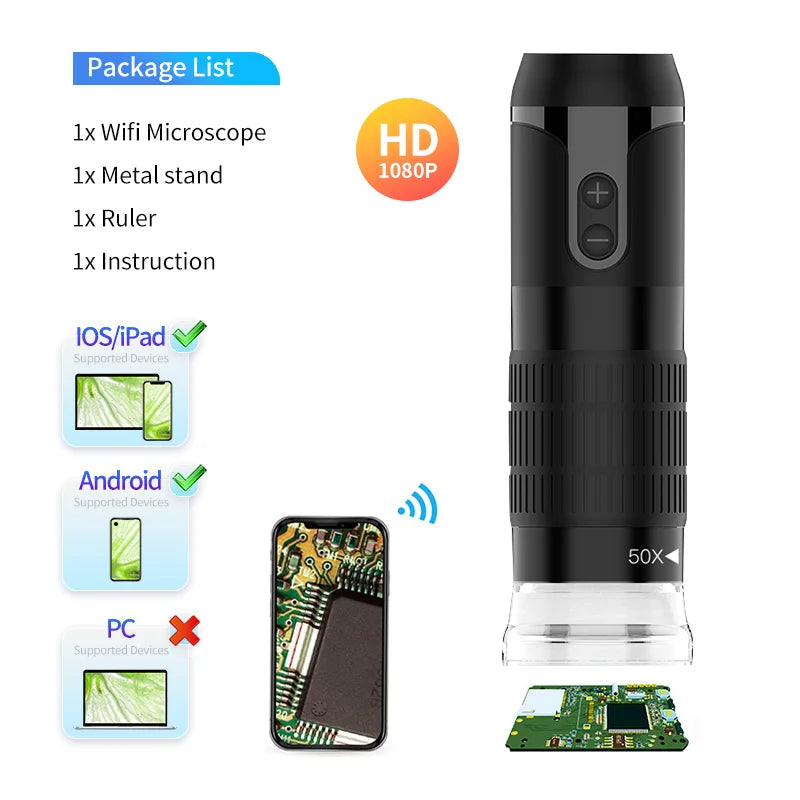 Microscope Numérique Portable Sans Fil avec Support Flexible - Grossissement 50x-1000x –  Compatible iPhone, Android et PC