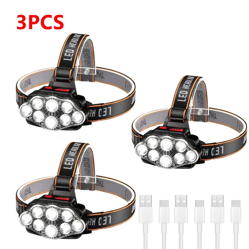 Lampe frontale 8 LED rechargeable par USB , ultra-lumineuse
