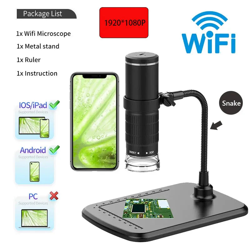 Microscope Numérique Portable Sans Fil avec Support Flexible - Grossissement 50x-1000x –  Compatible iPhone, Android et PC