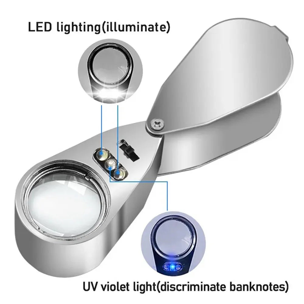 Loupe de bijoutier pliante de poche 40X, monture métallique avec éclairage LED et UV.