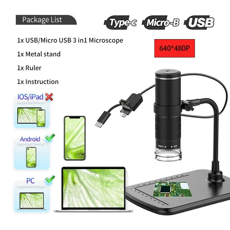 Microscope Numérique Portable Sans Fil avec Support Flexible - Grossissement 50x-1000x –  Compatible iPhone, Android et PC