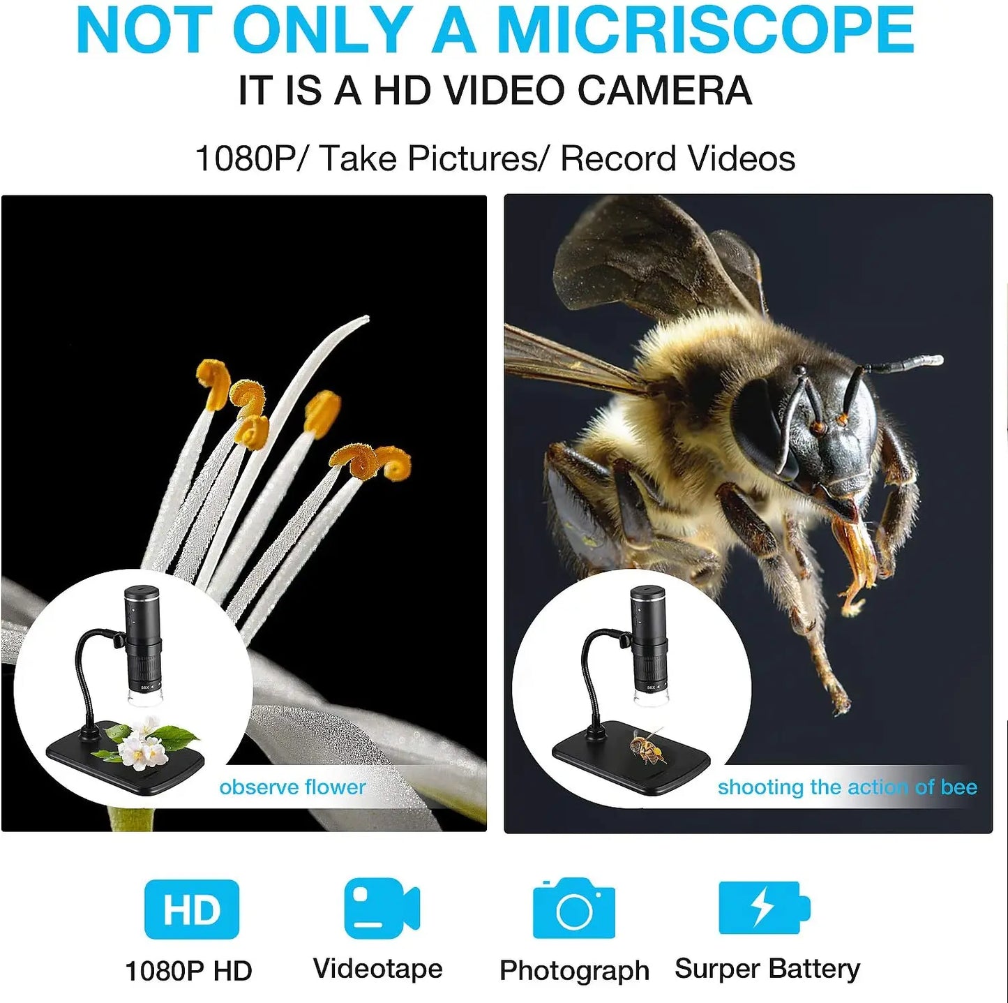 Microscope Numérique Portable Sans Fil avec Support Flexible - Grossissement 50x-1000x –  Compatible iPhone, Android et PC