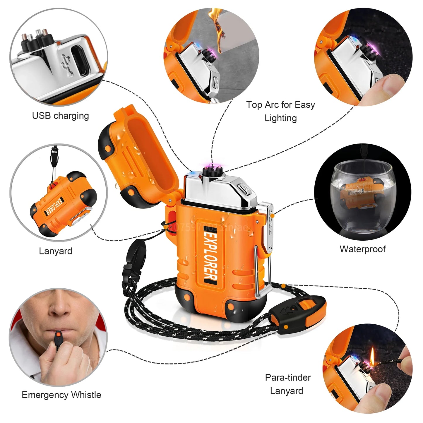 Briquet plasma sans flamme double arc étanche, rechargeable par USB, avec coupe-vent, pour l'extérieur.