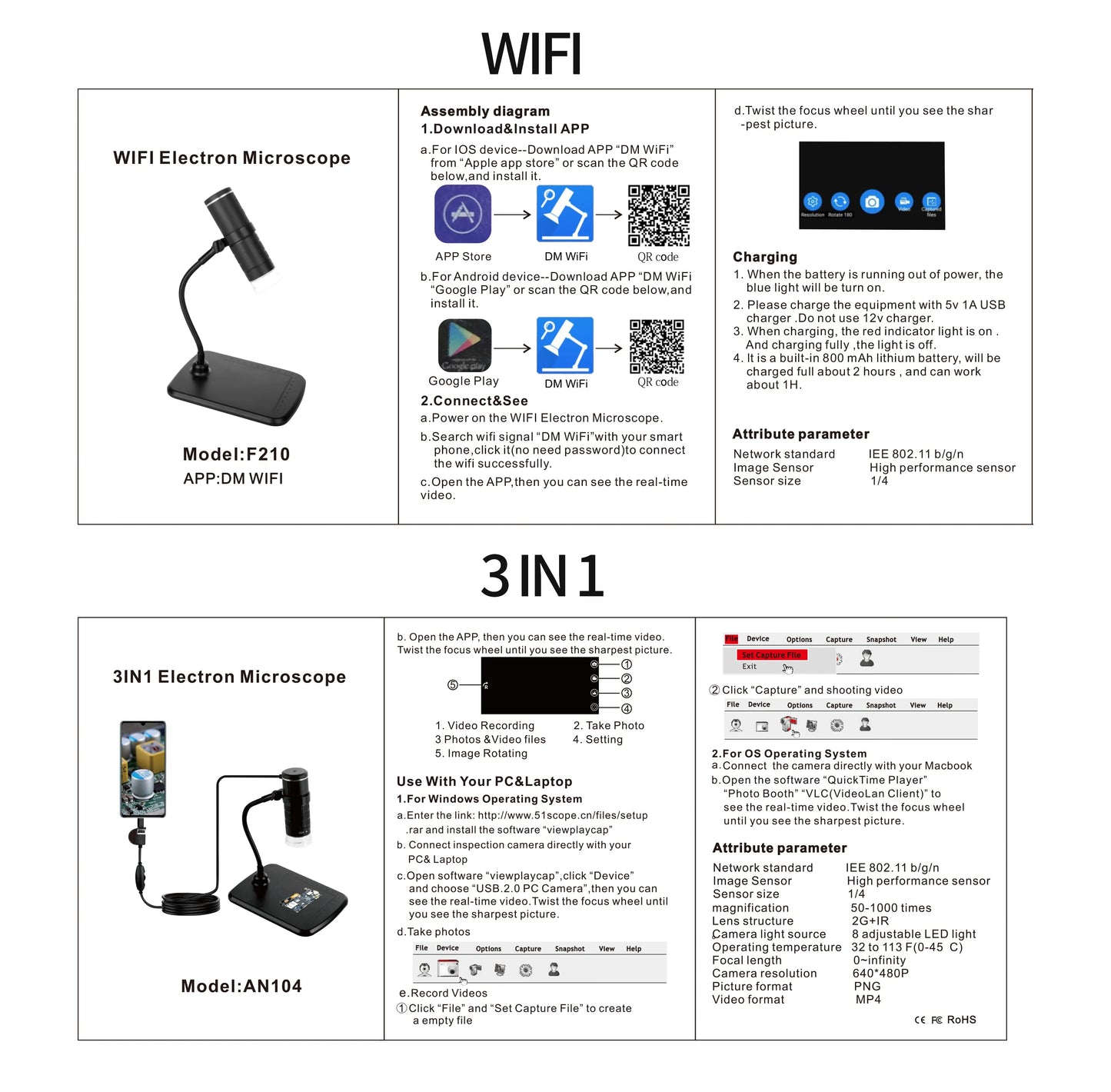 Microscope Numérique Portable Sans Fil avec Support Flexible - Grossissement 50x-1000x –  Compatible iPhone, Android et PC