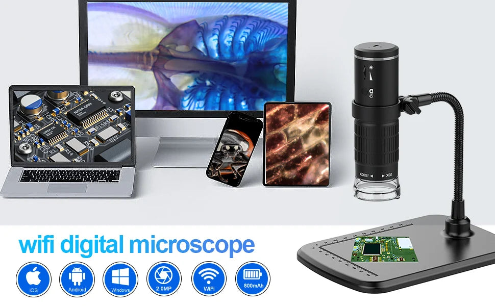 Microscope Numérique Portable Sans Fil avec Support Flexible - Grossissement 50x-1000x –  Compatible iPhone, Android et PC