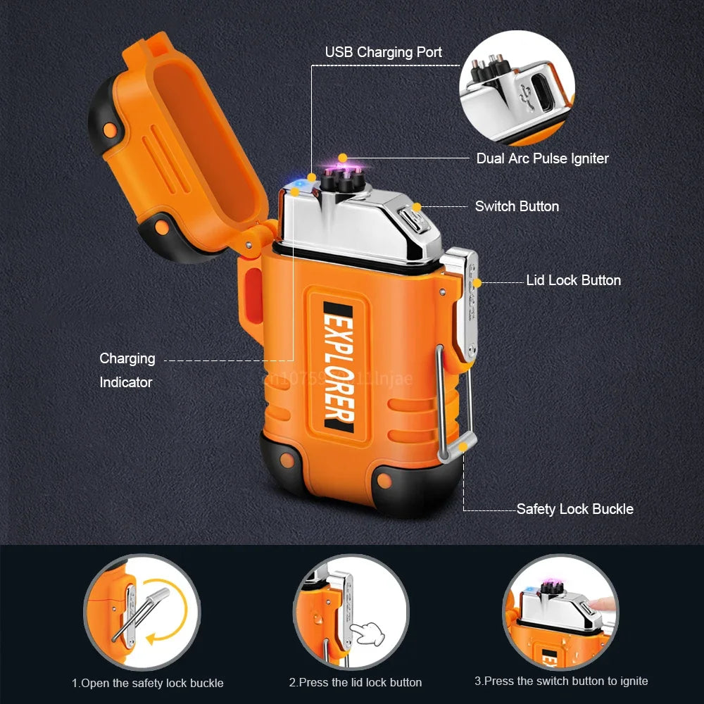 Briquet plasma sans flamme double arc étanche, rechargeable par USB, avec coupe-vent, pour l'extérieur.