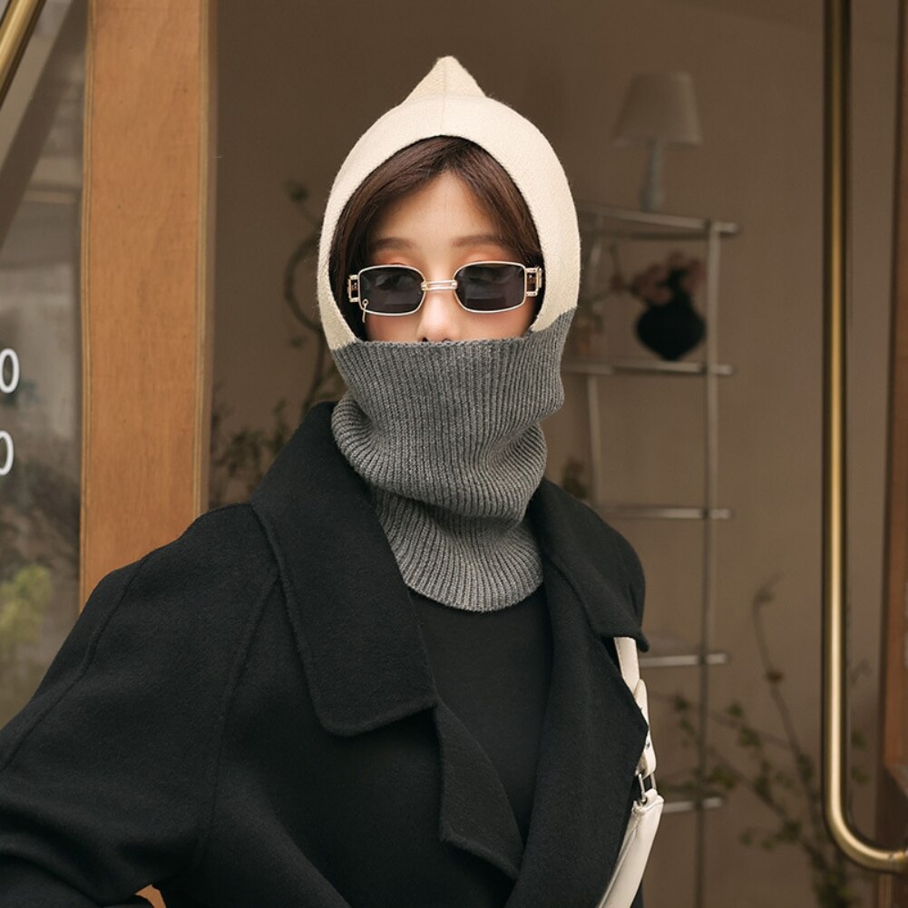 Winter Knitting Hat And Scarf Connected Design Women's with Mask Knitted Hat Skiing Mask Cycling Caps