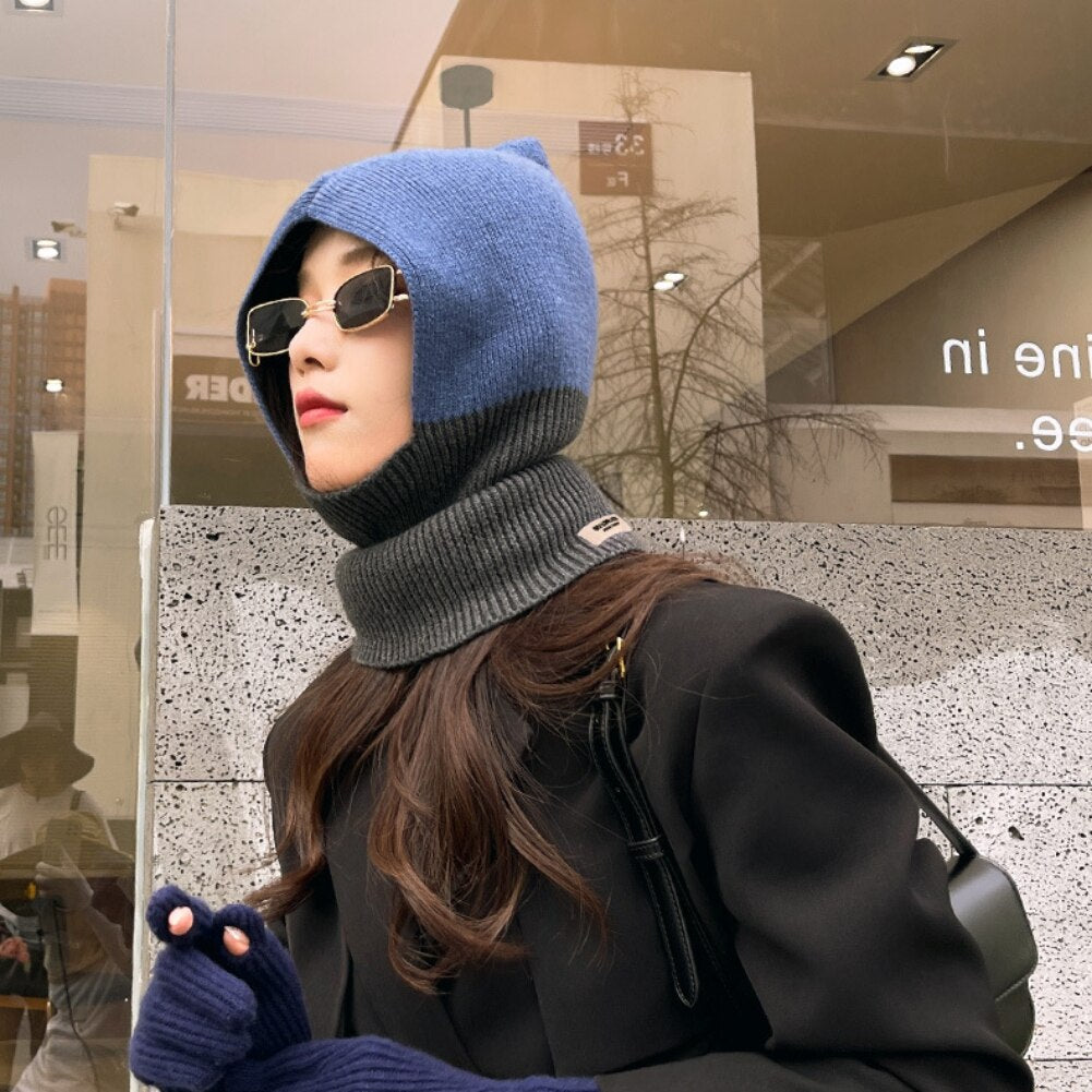 Winter Knitting Hat And Scarf Connected Design Women's with Mask Knitted Hat Skiing Mask Cycling Caps