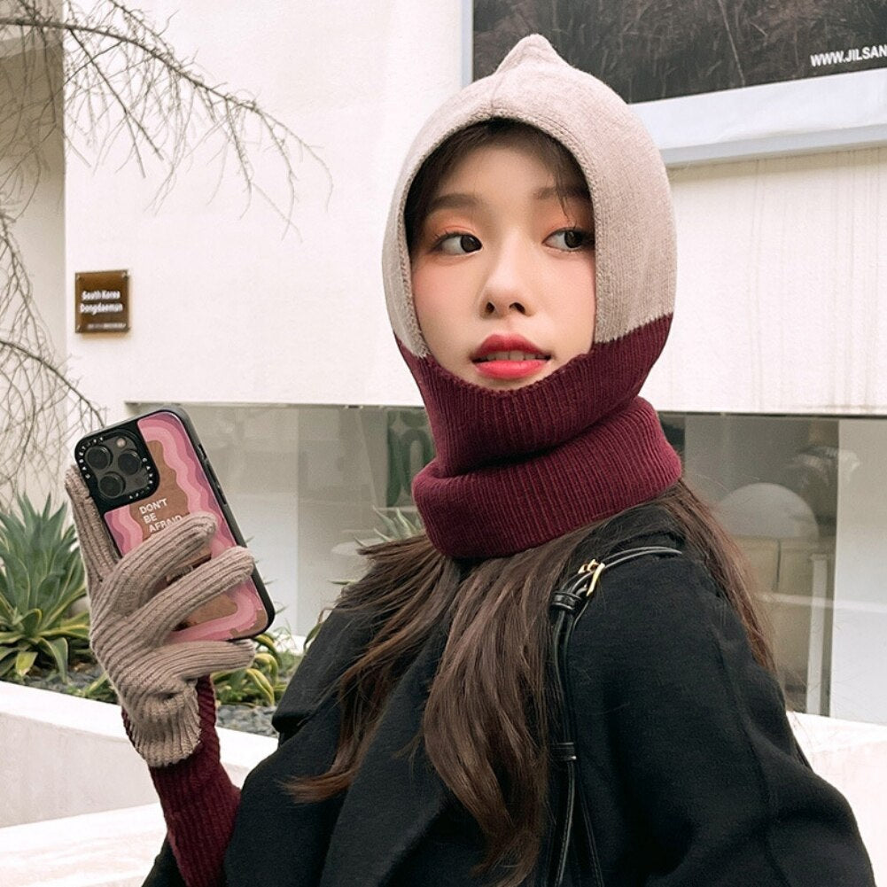 Winter Knitting Hat And Scarf Connected Design Women's with Mask Knitted Hat Skiing Mask Cycling Caps