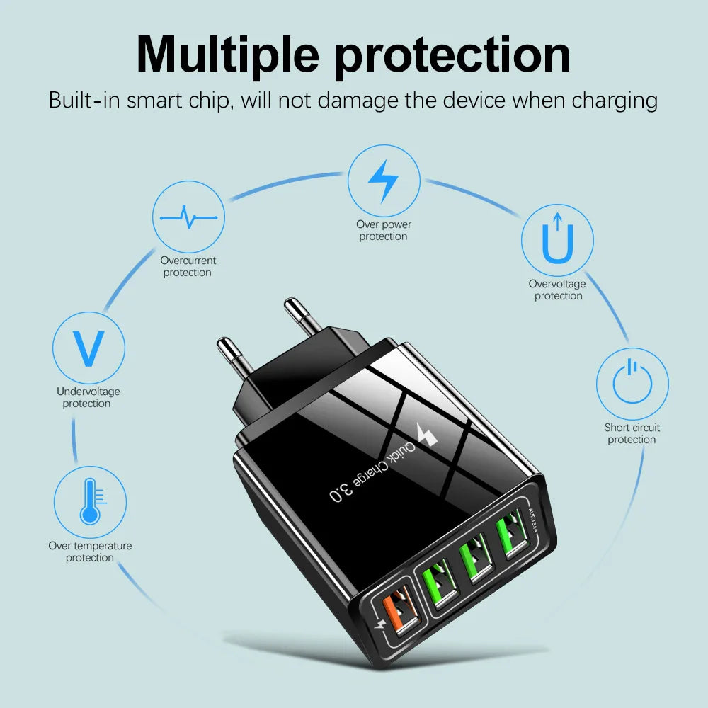 4 Output QC3.0 Multiple USB Charger for iPhone iPad Samsung LG Huawei Xiaomi Tablet Universal Fast Charging Wall Travel Charger