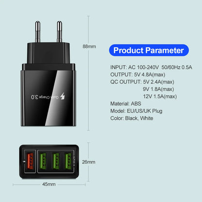4 Output QC3.0 Multiple USB Charger for iPhone iPad Samsung LG Huawei Xiaomi Tablet Universal Fast Charging Wall Travel Charger