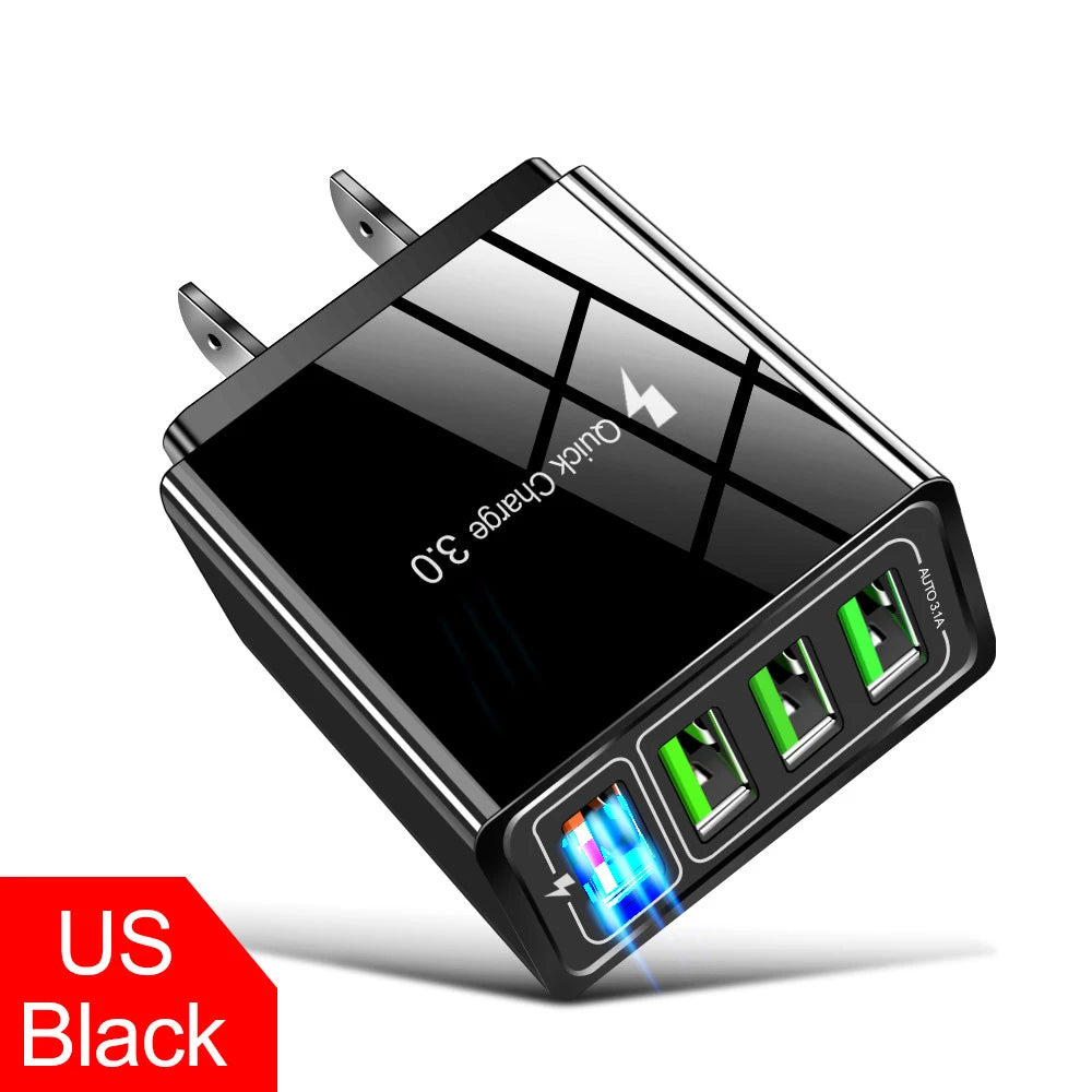 4 Output QC3.0 Multiple USB Charger for iPhone iPad Samsung LG Huawei Xiaomi Tablet Universal Fast Charging Wall Travel Charger