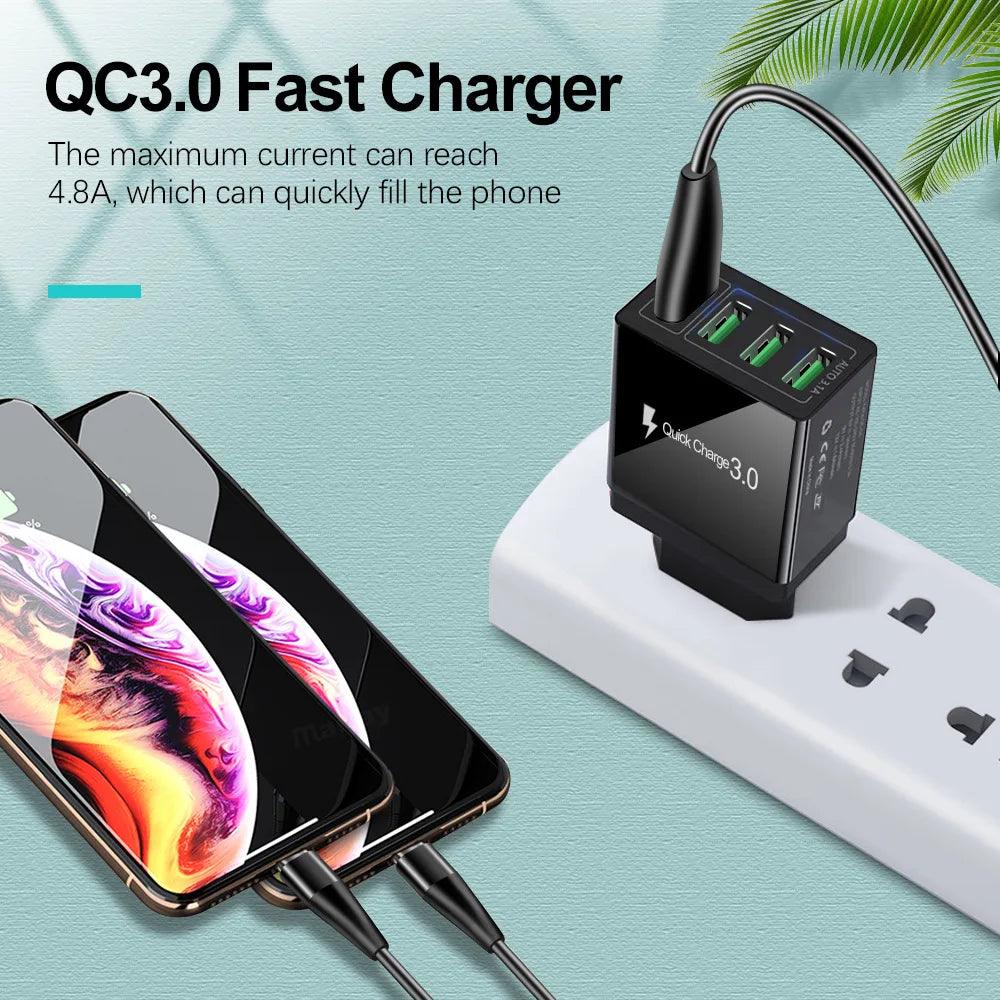 4 Output QC3.0 Multiple USB Charger for iPhone iPad Samsung LG Huawei Xiaomi Tablet Universal Fast Charging Wall Travel Charger