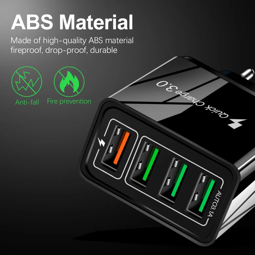 4 Output QC3.0 Multiple USB Charger for iPhone iPad Samsung LG Huawei Xiaomi Tablet Universal Fast Charging Wall Travel Charger