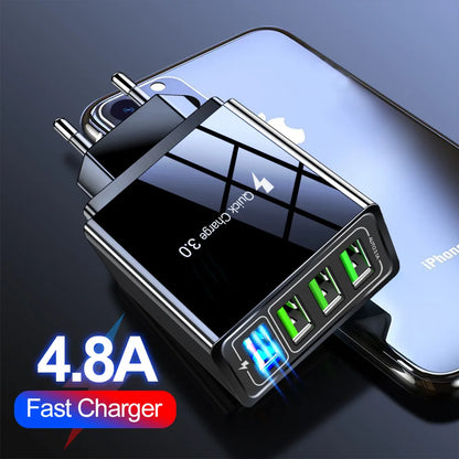 4 Output QC3.0 Multiple USB Charger for iPhone iPad Samsung LG Huawei Xiaomi Tablet Universal Fast Charging Wall Travel Charger