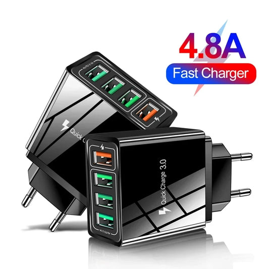 4 Output QC3.0 Multiple USB Charger for iPhone iPad Samsung LG Huawei Xiaomi Tablet Universal Fast Charging Wall Travel Charger