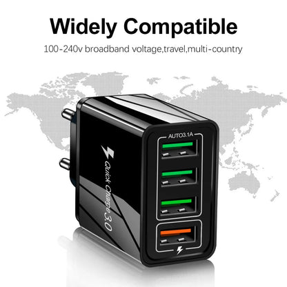 4 Output QC3.0 Multiple USB Charger for iPhone iPad Samsung LG Huawei Xiaomi Tablet Universal Fast Charging Wall Travel Charger
