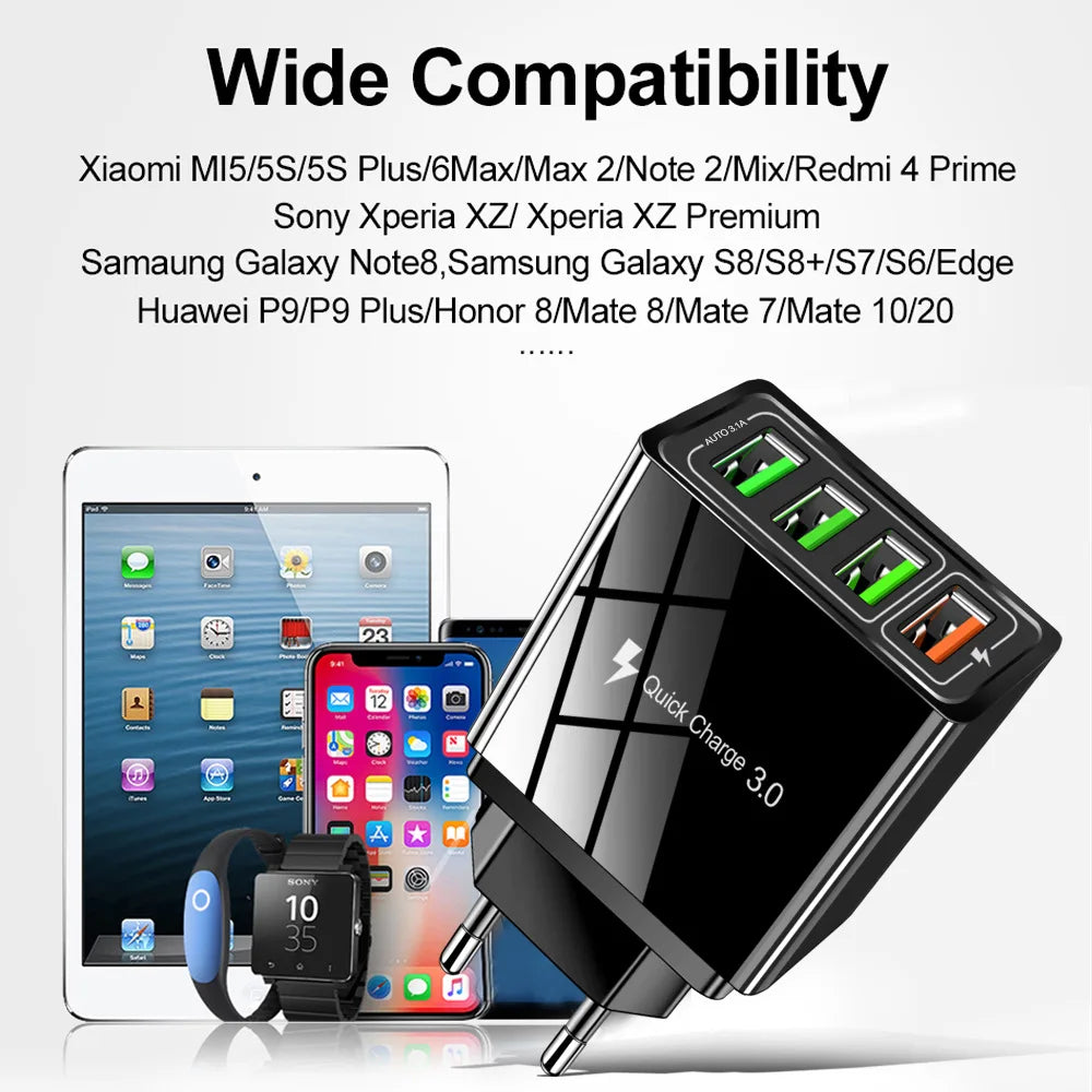 4 Output QC3.0 Multiple USB Charger for iPhone iPad Samsung LG Huawei Xiaomi Tablet Universal Fast Charging Wall Travel Charger