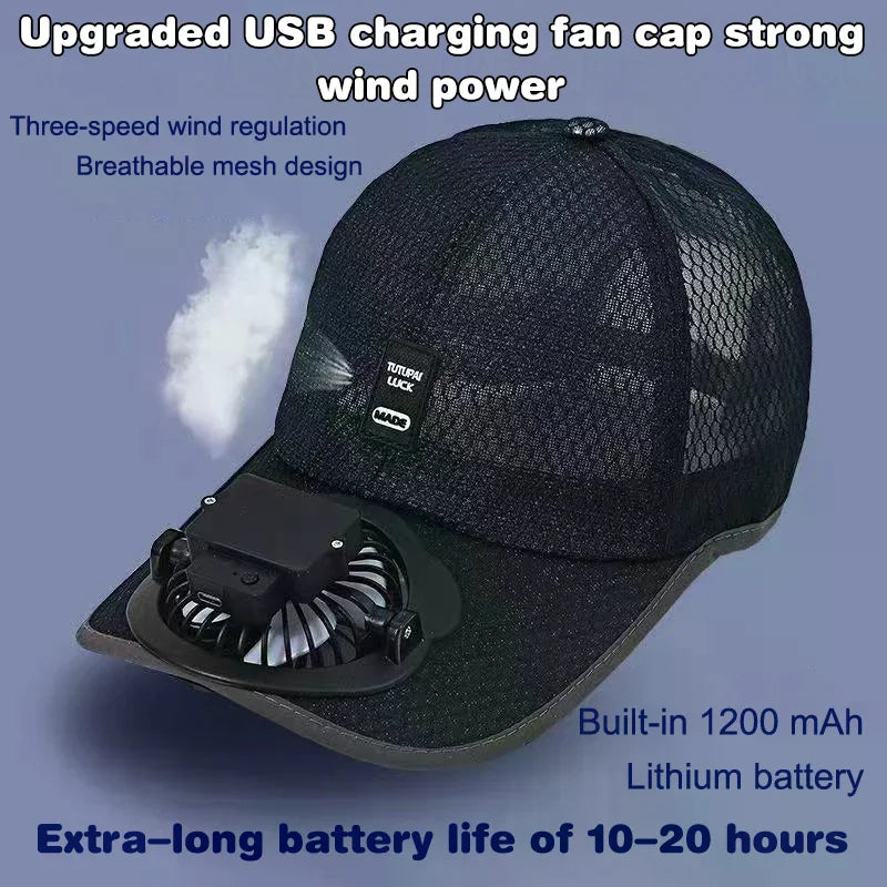 Summer Caps with Solar Powered Fan, Lightweight Baseball Cap for Men and Women, Breathable Mesh, Adjustable and Quick Drying