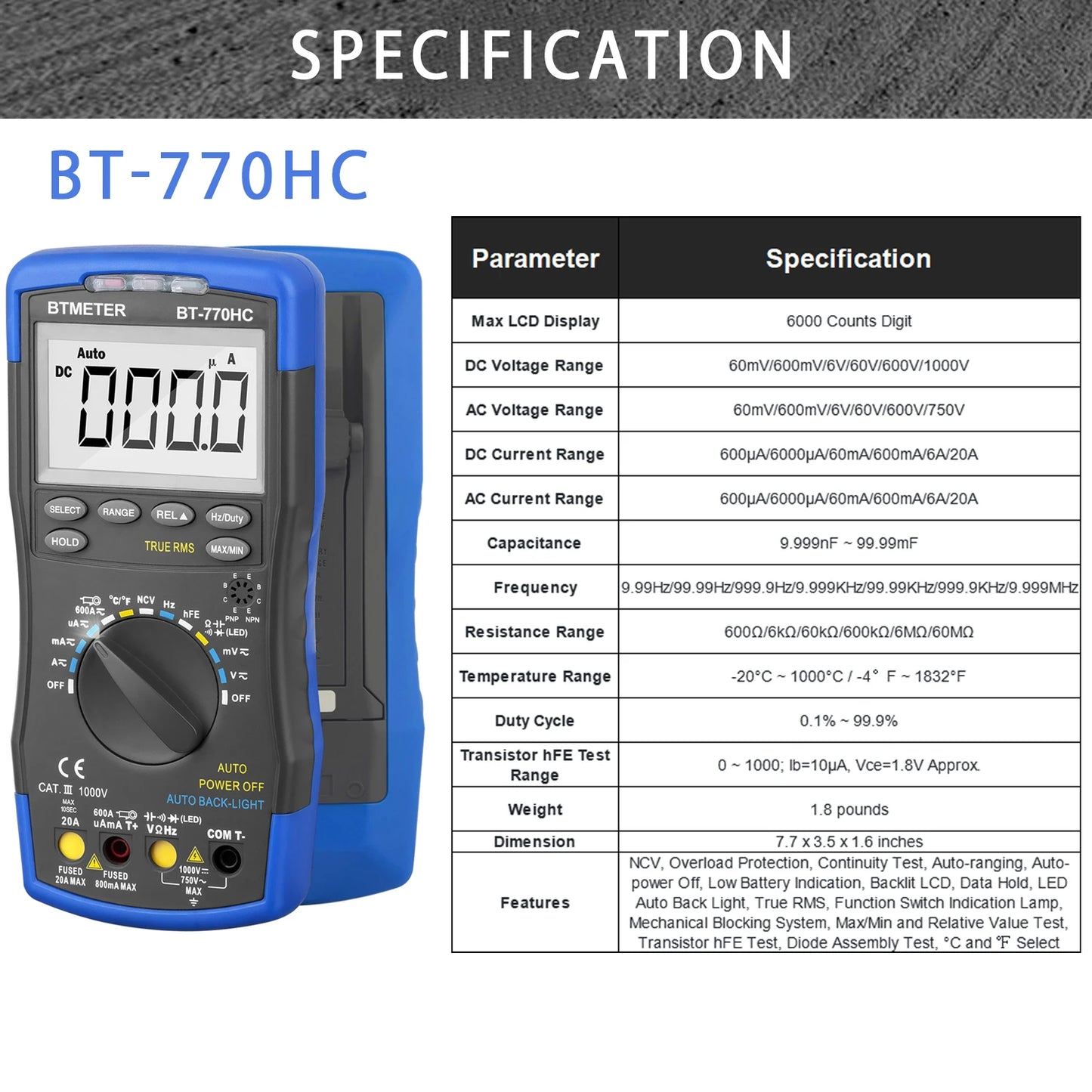 BTMETER True RMS Digital Multimeter,Precision Multimeter,Profession Insulation Tester Voltage Meter Diode Test NCV，770 Series