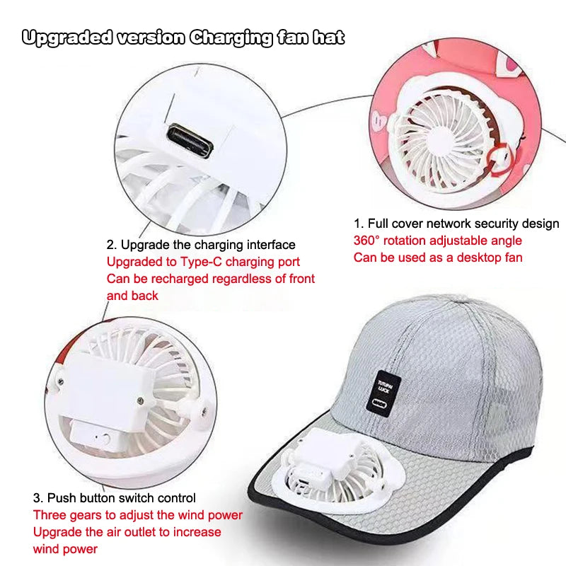 Summer Caps with Solar Powered Fan, Lightweight Baseball Cap for Men and Women, Breathable Mesh, Adjustable and Quick Drying