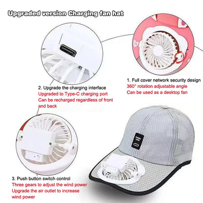 Summer Caps with Solar Powered Fan, Lightweight Baseball Cap for Men and Women, Breathable Mesh, Adjustable and Quick Drying